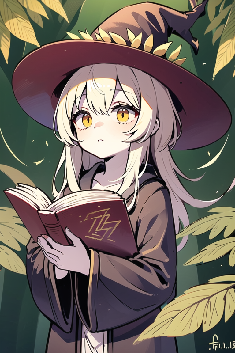 masterpiece, best quality, ultra-detailed, portrait of a young witch reading a magic book, soft delicate beautiful attract...